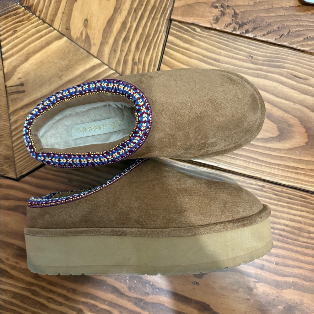 Madden Girl Brown Suede Mules with Embroidered Trim